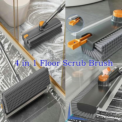 Floor Scrub Brush with Squeegee Long Handle Grout Brush 52'' 2026 Upgraded 4 in 1 Multi-Functional Stiff Bristle Cleaning Scrub Brush Rotating Tile Brush for Cleaning Bathroom Patio, Pool, Garage