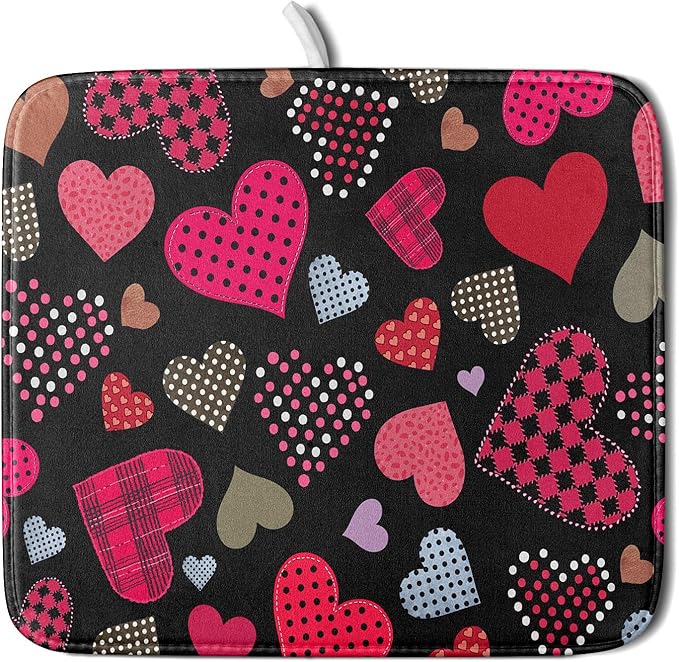Happy Valentine's Day Black Dish Drying Mat for Kitchen Counter,Pink Love Heart Drying Mat 16 x 18 Inch with High Absorbent Microfiber Drainer Mat for Coffee Bar