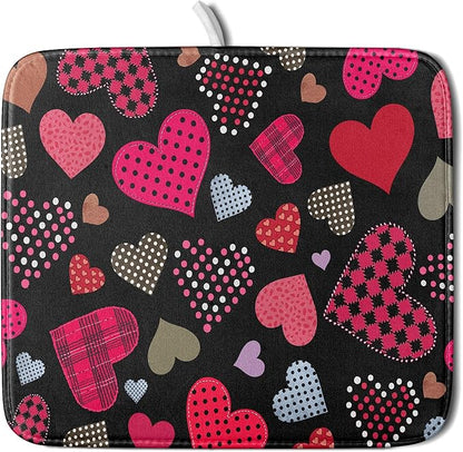 Happy Valentine's Day Black Dish Drying Mat for Kitchen Counter,Pink Love Heart Drying Mat 16 x 18 Inch with High Absorbent Microfiber Drainer Mat for Coffee Bar