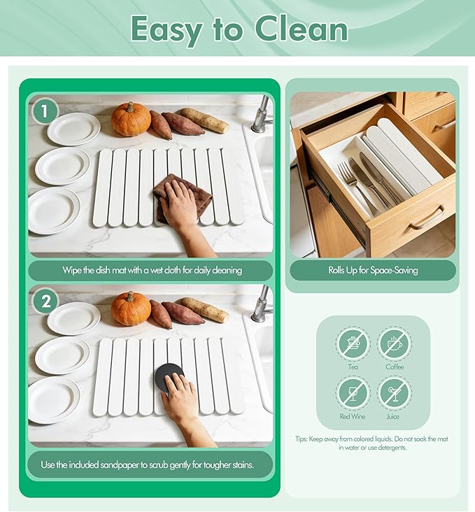 Large Stone Dish Drying Mat for Kitchen Counter, Quick Dry Diatomaceous Earth Stone Mat, Roll-Up Dish Mat for Dishes Bottles Cups, Super Absorbent & Non-Slip, 24"×16",White