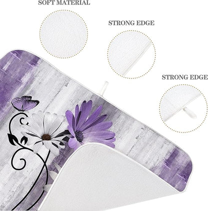 Floral Dish Drying Mat 18x24 Inches For Kitchen Counter Purple Daisy Flower Kitchen Decoration Drying Mat Modern Decorative Drying Pad For Home Kitchen Decor,Dining Room,Office Decor
