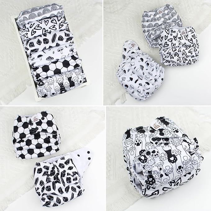 Mama Koala 3.0 Cloth Diapers for Babies with AWJ Lining, 6 Pack with 6 Natural Cloth Diaper Inserts - Reusable and Washable Pocket Diapers (Black & White World)