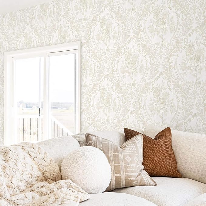 Ismoon Floral Peel and Stick Wallpaper Vintage Beige Contact Paper Boho Watercolor Damask Wall Paper Textured Removable Self Adhesive Vinyl Wallpaper for Cabinet Bedroom Wall Decor, 17.3x393in