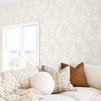 Ismoon Floral Peel and Stick Wallpaper Vintage Beige Contact Paper Boho Watercolor Damask Wall Paper Textured Removable Self Adhesive Vinyl Wallpaper for Cabinet Bedroom Wall Decor, 17.3x196in
