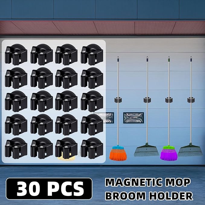 Vercraft 30 Pcs Magnetic Mop Broom Holder Movable Magnetic Broom Holder Rack, Anti Slip Wall Mounted Utility for Cleaning Tools, Garage, Kitchen, Laundry, Garden (Black)