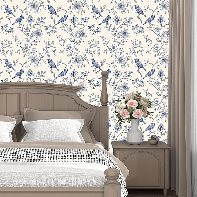 Beige Wallpaper Peel and Stick Blue Floral Bird Vintage Contact Paper 17.5" x 393" Boho Animal Self Adhesive Waterproof Removable for Bathroom Shelves Cabinet Drawer Table Decor Renter Friendly