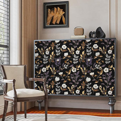 Fvlow Dark Floral Wallpaper Peel and Stick Vintage Gold Leaf Contact Paper Black Floral Wallpaper Waterproof Self-Adhesive Wall Covering for Bedroom Countertop Desk Cabinets 17.4" x 393"