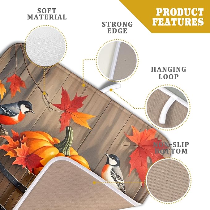 Fall Dish Drying Mat for Kitchen Counter 16x18 Autumn Pumpkin Birds Harvest Theme Thanksgiving Absorbent Reversible Microfiber Drying Mats Kitchen Countertop Protector Dishes Drainer Pad