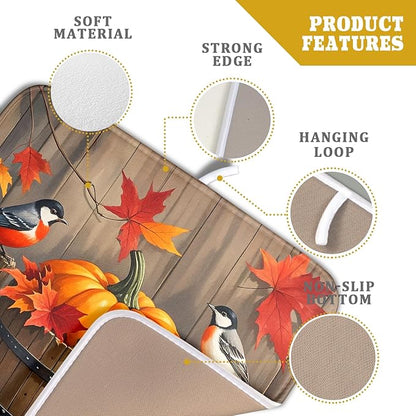 Fall Dish Drying Mat for Kitchen Counter 16x18 Autumn Pumpkin Birds Harvest Theme Thanksgiving Absorbent Reversible Microfiber Drying Mats Kitchen Countertop Protector Dishes Drainer Pad