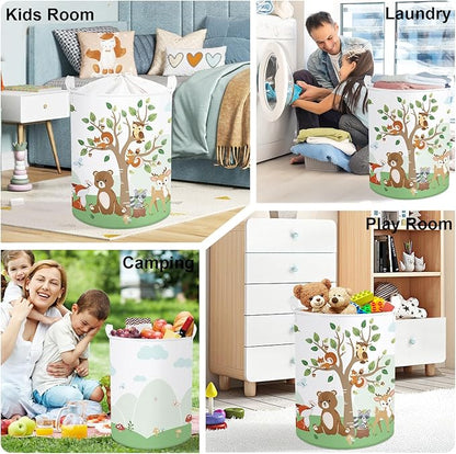 Forest Animals Laundry Hamper Woodland Tree Large Storage Basket Parents Organizer Kids Clothes Toy Bins for Bedroom, Bathroom, Squirrel, 63L