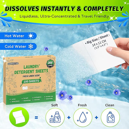 HOMERHYME Laundry Detergent Sheets - Fresh Linen Scent, 200 Loads (100 Sheets), Plastic Free Laundry Sheets for Travel, Dorms, Home, Apartments, Eco & Hypoallergenic