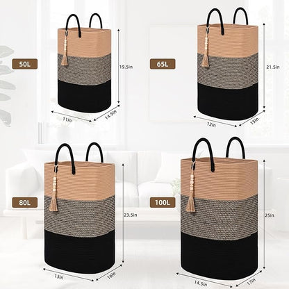 Woven Laundry Basket for Clothes, 65L Large Rectangle Laundry Hampers with Beads Tassel, Nursery Storage Basket for Toys, Tall Dirty Clothes Hamper for Bedroom Aesthetic, Laundry Room Organization