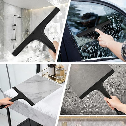Silicone Shower Squeegee for Bathroom Glass Doors, with Hanging Hole for Easy Storage, Removes Water Spots from Windows, Mirrors, Tiles & Kitchen Surfaces-Black, 10 Inch