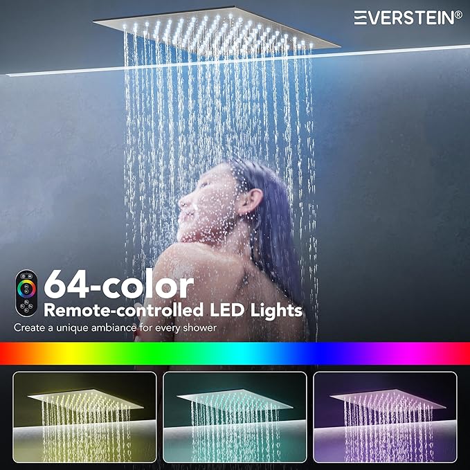 Celling Mount 64 Color LED Mood Lighting Dual Rainfall Shower Head Faucet, 12 Inch Rainfall Shower System (Brushed Nickel)