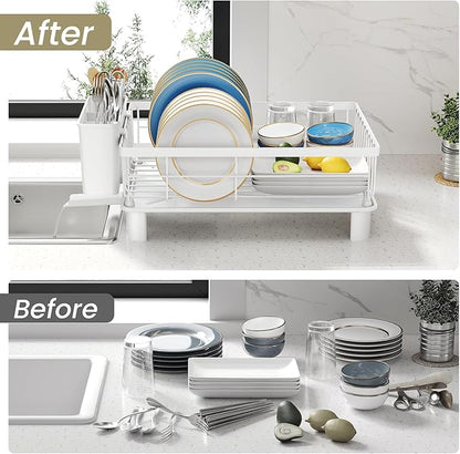 SNTD Dish Drying Rack - Small Dish Rack for Kitchen Counter, Stainless Steel Dish Drainer with Utensil Holder and Drainboard, 11" W x 15" L (White)