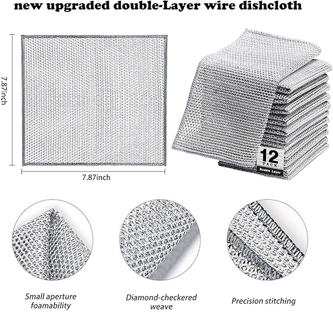 12 Pcs Non Scratch Wire Dishcloth，Multi Purpose Wire dishwashing Rags for Wet and Dry, Reusable Kitchen Wire Cleaning Cloths for Dishes, Sinks, Stove Tops