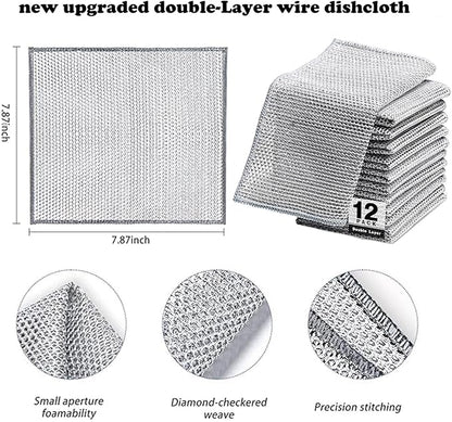 12 Pcs Non Scratch Wire Dishcloth，Multi Purpose Wire dishwashing Rags for Wet and Dry, Reusable Kitchen Wire Cleaning Cloths for Dishes, Sinks, Stove Tops
