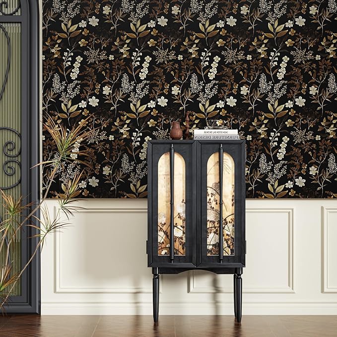 Fvlow Vintage Wallpaper Peel and Stick Black Floral Wall Paper 17.4" x 118" Black Gold Contact Paper Self-Adhesive Wall Covering for Bedroom Desk Cabinet Decor