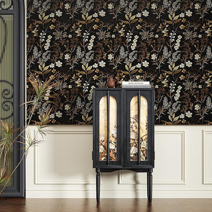 Fvlow Vintage Wallpaper Peel and Stick Black Floral Wall Paper 17.4" x 118" Black Gold Contact Paper Self-Adhesive Wall Covering for Bedroom Desk Cabinet Decor