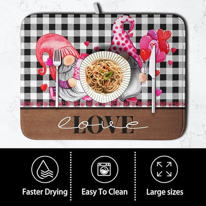 Valentine's Day Dish Drying Mats for Kitchen Counter, Gnome Love Kitchen Drying Mat, Buffalo Plaid Dish Drainer Mat Absorbent Quick Dry Dishes Pad 16 x 18 In - Farmhouse Decor Valentines Gift