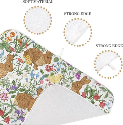 Spring Dish Drying Mat 18x24 Inch Easter Rabbit Bunny Floral Drying Mat Sage Green Wildflower Holiday Absorbent Dish Drying Pad Dish Rack Drainer Mats for Kitchen Dining Counter