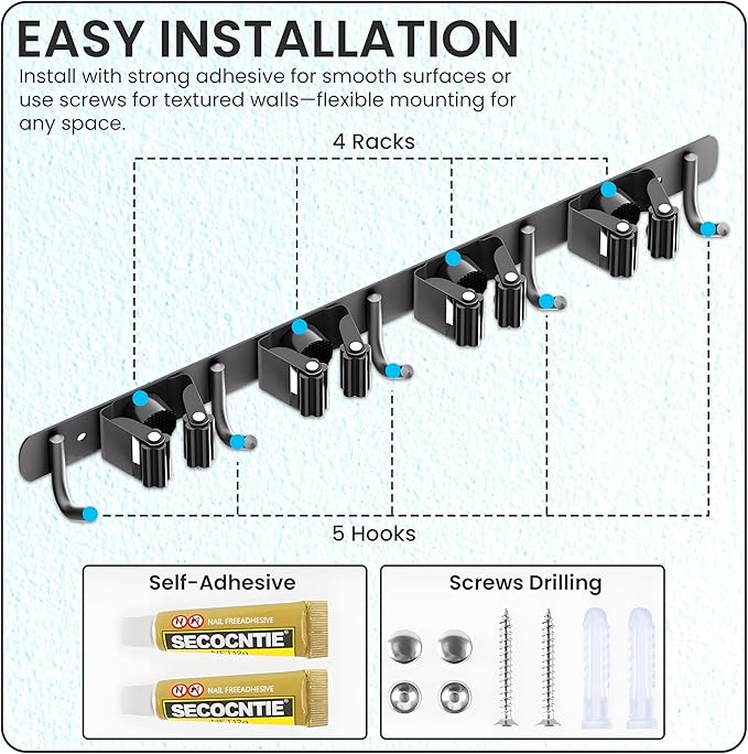 Wall Mount Broom Holder | Heavy Duty Stainless Steel Mop Organizer with 4 Racks & 5 Hooks for Kitchen, Bathroom, Garage, Garden & Laundry | Space Saving Black Wall Mounted Cleaning Tool Rack | 1 Pack