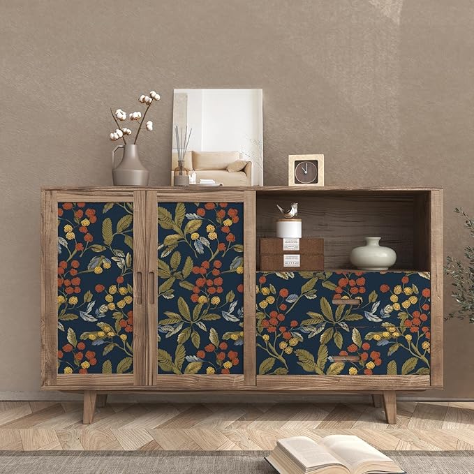 Laatse Vintage Wallpaper Peel and Stick, Navy Blue Floral Contact Paper 17.5" x 393.7", Dark Leaf Botanical Wall Paper Self Adhesive Waterproof Removable for Room Shelves Cabinet Drawer Table Decor