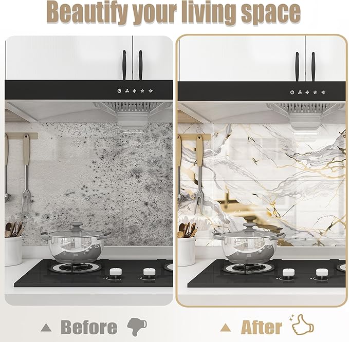 10pcs Thick Marble Peel and Stick Waterproof Wall Panels,Heat-Resistant Backsplash Tile, 23.6"x11.8" PVC Foam Wall Sticker for Kitchen,Living Rooms,TV Walls,White and Gold (Not Real Tile 19.4Sq. Ft.)