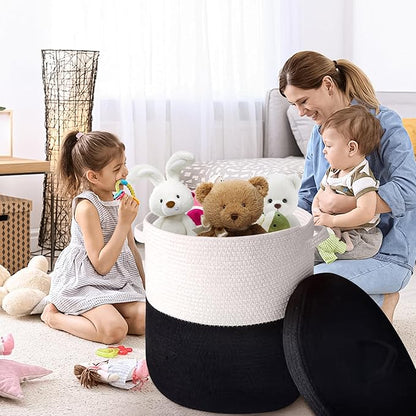Large Storage Basket with Lid 60L, 16"Wx18"H Woven Laundry Hamper Basket with Handle, Room Decor Cotton Rope Wicker Basket Toy Organizer Bins for Clothes Blankets Pillows, Black/White Mix includes Lid