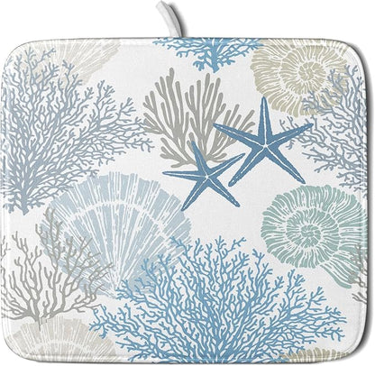 Nautical Coastal Dish Drying Mat for Kitchen Counter,Summer Ocean Themed Seashell Coral Starfish Drying Mat 16 x 18 Inch with High Absorbent Microfiber Dish Drying Drainer Mat for Coffee Bar