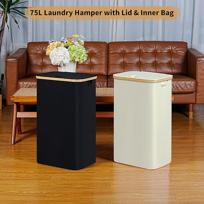 Slim Laundry Hamper,75L Beige Narrow Laundry Basket with Lid,Foldable Clothes Hamper with Bamboo Handles,Hamper Basket with Removable Inner Bag for Laundry Room Bedroom College Dorm