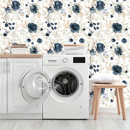 Navy Blue Floral Peel and Stick Wallpaper Self Adhesive Removable Thick Vinyl Watercolor Botanical Flower Gold Line Accent for Bedroom Bathroom Living Room Accent Wall 17.7" × 118"