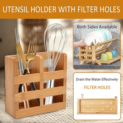 Foldable Bamboo Dish Rack, 3-Tier Wooden Dish Drainer & Utensil Holder for Kitchen - Large Countertop Drying Rack for Dishes and Plates, Natural Compact Storage