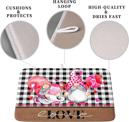 Valentine's Day Dish Drying Mats for Kitchen Counter, Gnome Love Kitchen Drying Mat, Buffalo Plaid Dish Drainer Mat Absorbent Quick Dry Dishes Pad 18 x 24 In - Farmhouse Decor Valentines Gift
