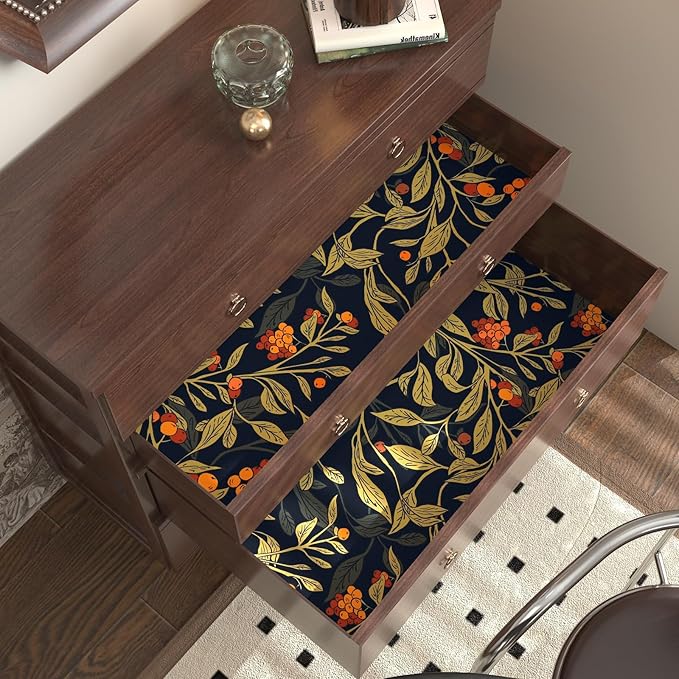 Extra Long Dark Floral Peel and Stick Wallpaper - 17.5In x 32.8Ft Vintage Botanical Self-Adhesive Vinyl Contact Paper for Cubicles Drawers Cabinets Leaf Fruit Pattern Black Yellow Gold Orange