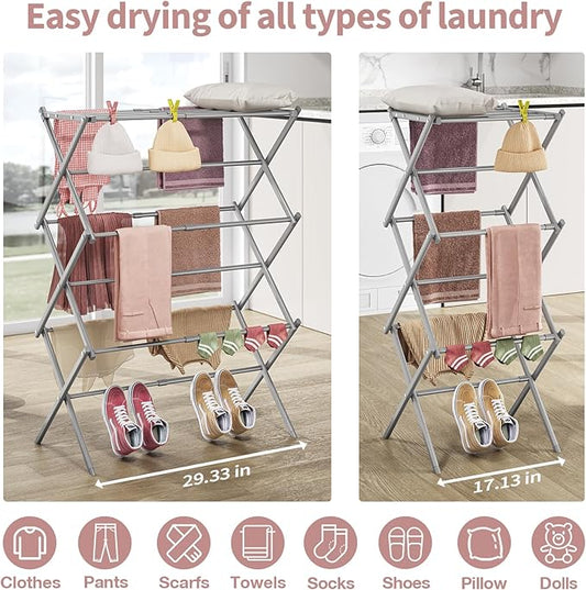 APEXCHASER Clothes Drying Rack, 3-Tier Laundry Drying Rack for Clothes, Expandable Metal Clothing Dryer, Collapsible Towel Rack, Air Drying Rack, Grey