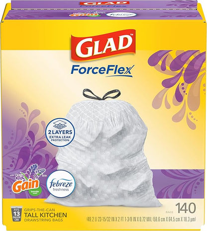 Glad ForceFlex Tall Kitchen Trash Bags, 13 Gallon, Gain Lavender, 140 Count (Package May Vary)