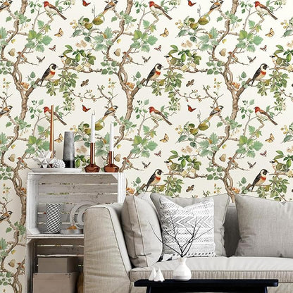 Nukofal Vintage Bird Peel and Stick Wallpaper Floral Birds Contact Paper 16.9inch x 196.8inch Butterflies Leaf Wallpaper Peel and Stick Self Adhesive Removable Wallpaper for Bathroom Walls Decor