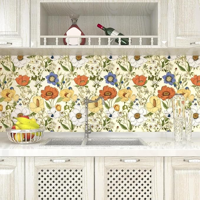 Yellow Floral Wallpaper Peel and Stick, Yellow/Orange Blooming Flowers Contact Paper, Botanical Wall Paper Self Adhesive Waterproof Removable for Bedroom Walls Shelves Cabinet Table 17.5" x 118"