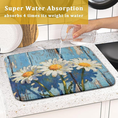 Daisy Floral Dish Drying Mat for Kitchen Counter 16x18 Spring Summer Theme Woodgrain White Flower Seasonal Absorbent Reversible Microfiber Drying Mats Kitchen Countertop Protector Dishes Drainer Pad