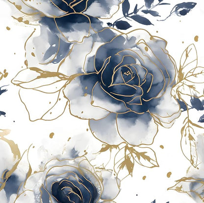 White Floral Wallpaper Peel and Stick Watercolor Blue/Golden Flower Contact Paper Modern Wall Paper Waterproof Self-Adhesive Wall Covering for Bedroom Countertop Desk Cabinets Decor 17.4" x 118"