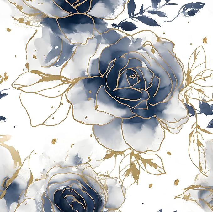 White Floral Wallpaper Peel and Stick Watercolor Blue/Golden 17.4" x 393" Rose Flower Contact Paper Modern Wall Paper Waterproof Self-Adhesive Wall Covering for Bedroom Countertop Desk Cabinets Decor