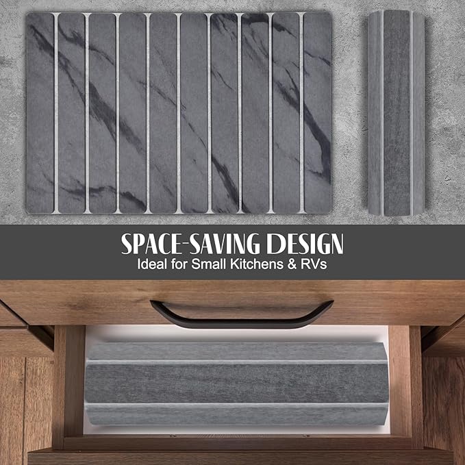 Stone Dish Drying Mats for Kitchen Counter, 24"(L)×16"(W) Marble-Pattern Dish Drying Mat, Eco-Friendly Absorbent Diatomaceous Earth Mats for Dishes Bottles Cups, Match Any Countertop【 Dark Grey】