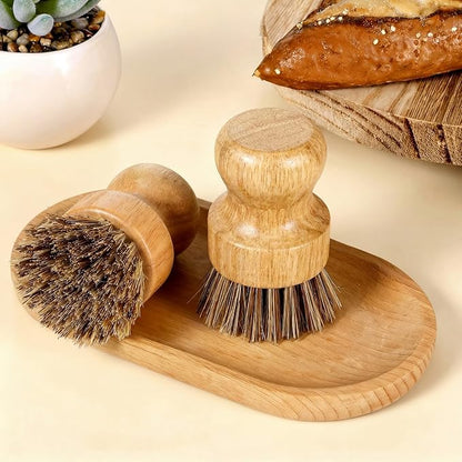 12 Packs Bamboo Dish Scrub Brush Wooden Washing Scrubbers with Sisal Bristles Kitchen Palm Pot Brush Round Mini Dish Brushes for Household Iron Pot Pan Sink Sink Vegetables Cleaning (Brown)