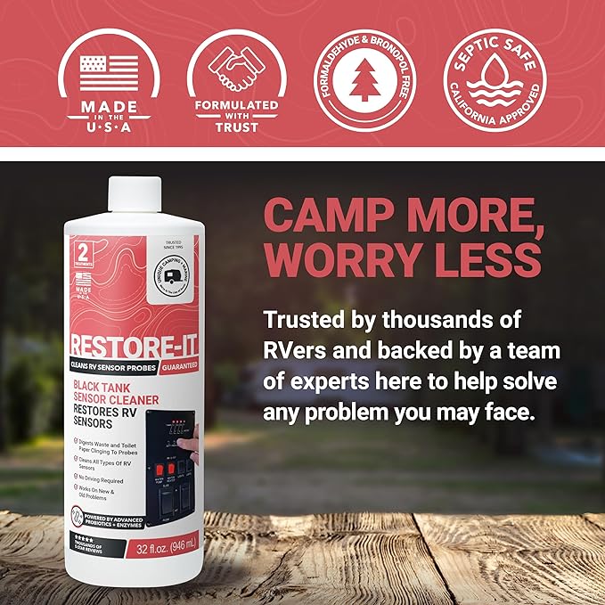 Unique Restore-It RV Sensor Cleaner Liquid - Cleans and Restores Misreading Sensor Probes by Removing Stuck-On Waste in Black Tanks - 2 Treatments Per Bottle (32 oz)