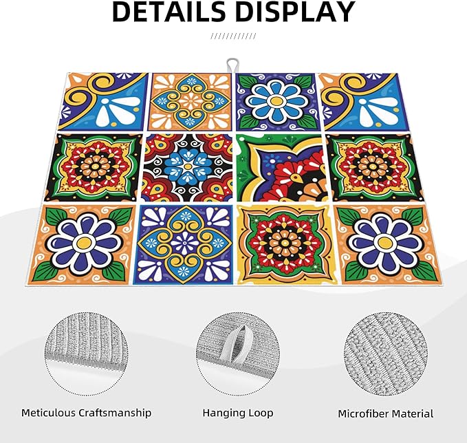 Talavera Mexican Tiles Dish Drying Mats for Kitchen Counter, Absorbent Reversible Microfiber Dish Drying Pad, Multi-Use Large Drying Mat Coffee Bar Accessories 18"x24"