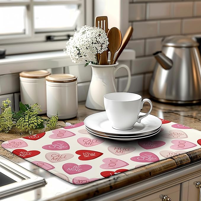 Valentine Love Heart Dish Drying Mat for Kitchen Counter 18x24 Inch Valentines Day Dish Mats Absorbent Microfiber Dish Draining Mat Reversible Dish Drying Rack Mat with Hanging Loop