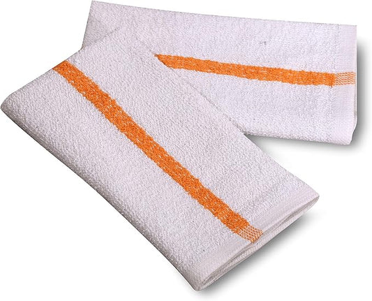 120 PC New Cotton Blend White Restaurant Bar Mops Kitchen Towels (10 Dozen ) (120, Gold Stripe), 32 Oz