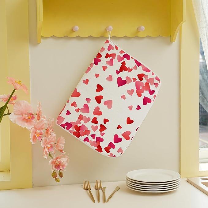 Valentine's Dish Drying Mat 18x24 Inches For Kitchen Counter Absorbent Pink Red Love Heart Kitchen Decoration Mother's Day Anniversary Wedding Drying Mat Pad For Home Kitchen,Dining Room,Office