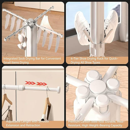 cjc Foldable Clothes Drying Rack, Drying Rack Clothing,Collapsible Drying Racks for Laundry Used for Indoor, Outdoor, 4 Retractable Drying Rods + 4 Shoe Racks + 4 Sock Clips with 16 Clips/Grey